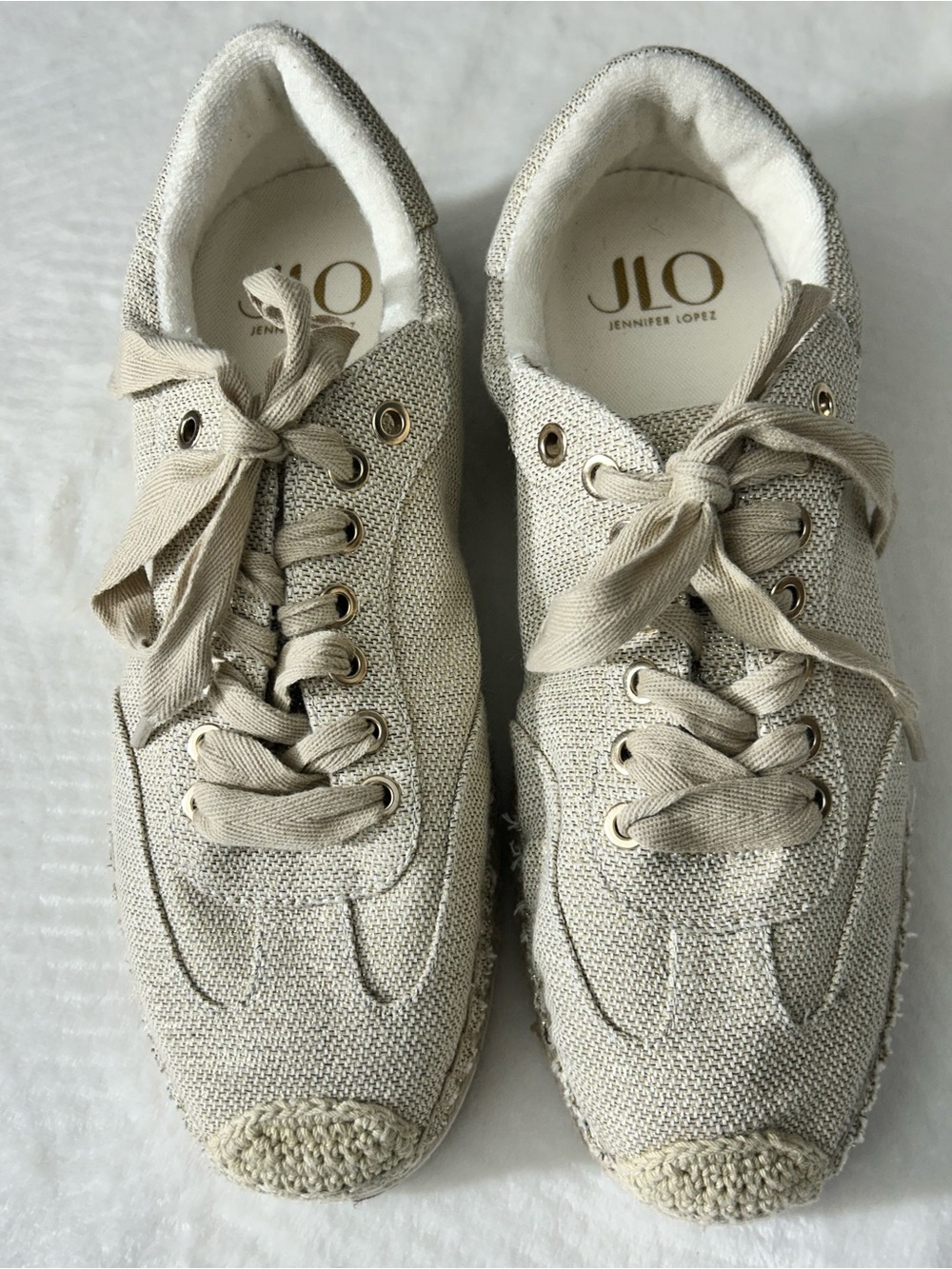 JLO Jennifer Lopez Lonlan Natural Beige Metallic Canvas LaceUp Sneakers Size 8.5